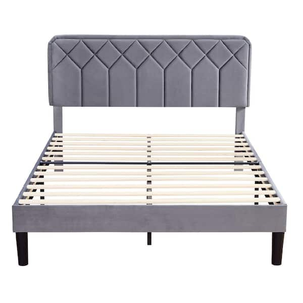 Vecelo Bed Frame With Upholstered Headboard Gray Metal Frame Full Platform Bed With Strong 