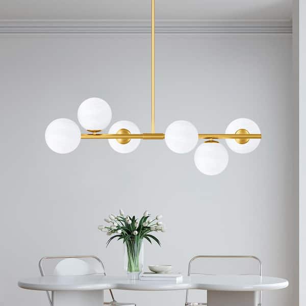 Kansas 6-Light Gold Island Style Geometric Black Pendant Light With White Glass Shade