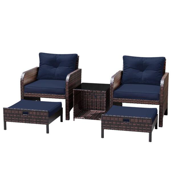 5-Piece Wicker Lounge Chair Outdoor Rattan Patio Conversation Set with Ottoman and Navyblue Soft Cushions