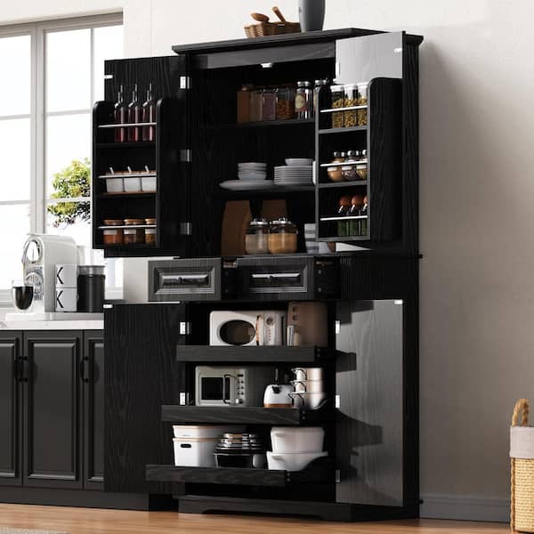 Black 71 in. Tall Accent Storage Cabinet with 3-Pull Out Cabinet Organizers, 6-Door Shelves, 2-Drawers