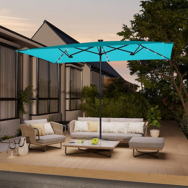 JOYESERY 10 x 6.5 ft. Steel Solar-powered Large Double-Sided Rectangular Outdoor Market Patio Umbrella with Crank in Lake Blue