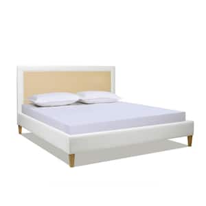 Haley 66 in. Upholstered Wooden Frame Cane-Back Queen Platform Bed in White