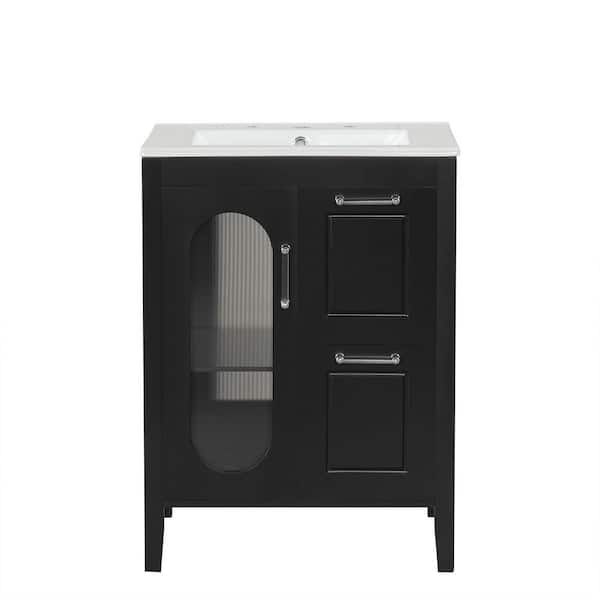 JimsMaison 24 in. W x 18.3 in. D x 33 in. H Freestanding Bath Vanity in Black with White Ceramic Top
