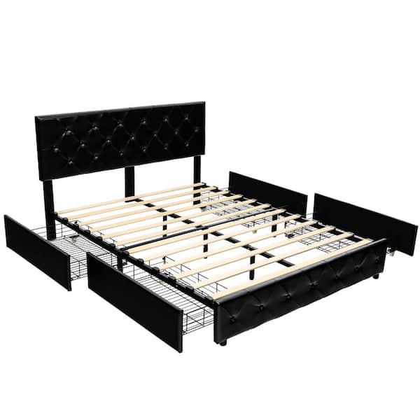 59 in. W Black Full Upholstered Platform Bed with 4-Drawers PU Leather Button Tufted Headboard