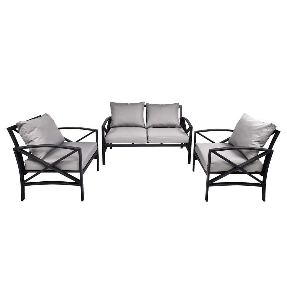 3-Piece Metal Outdoor Sectional Set with Gray Cushions