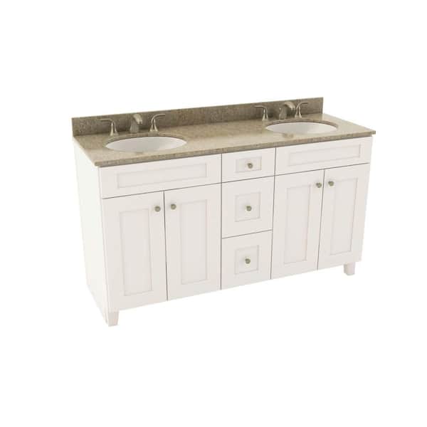 American Woodmark Reading 61 in. Vanity in Linen with Silestone Quartz Vanity Top in Quasar and Oval White Double Basin
