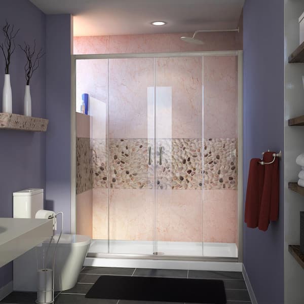DreamLine Visions 60 in. W x 30 in. D x 74-3/4 in. H Semi-Frameless Shower Door in Brushed Nickel with White Base Center Drain