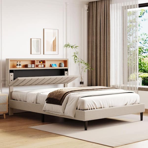 Polibi Wood Frame Queen Platform Bed with Storage Headboard and USB Port Linen Fabric Upholstered Bed Beige