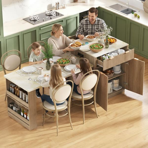 Runesay Rustic Natural Wood 82.6 in. Power Outlet Kitchen Island Extendable Dining Table with Double-Sized Storage and 2-Drawer