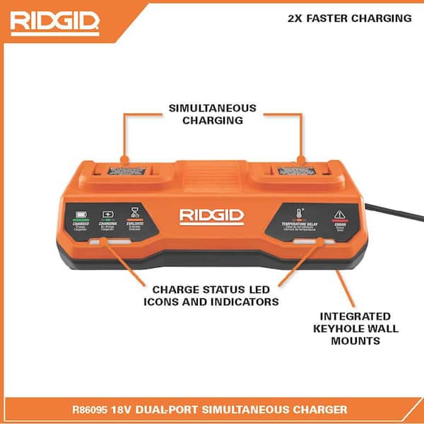 RIDGID 18V Dual Port Simultaneous Charger with (2) 2.0 Ah Batteries, (2) 4.0 Ah Batteries