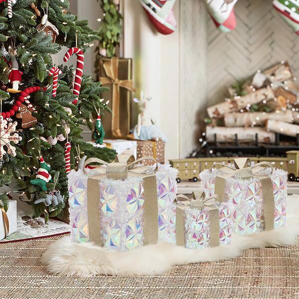 LuxenHome 11 in. 3-Piece Silver Prism Gift Boxes with Gold Ribbon
