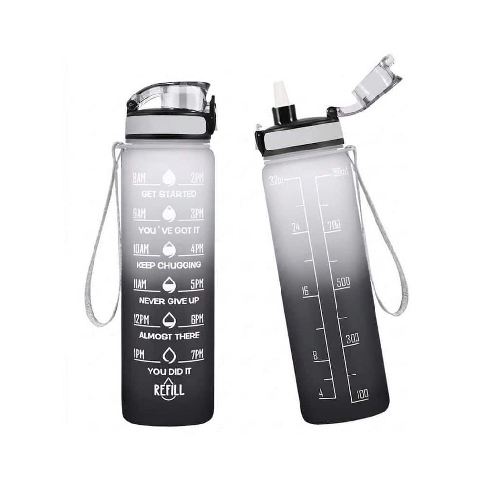 32 oz Gray-Black Plastic Leakproof Motivational Time Marker Straw BPA-Free Sports Water Bottle with Strap 1 Bottle price history on PriceWatchPro