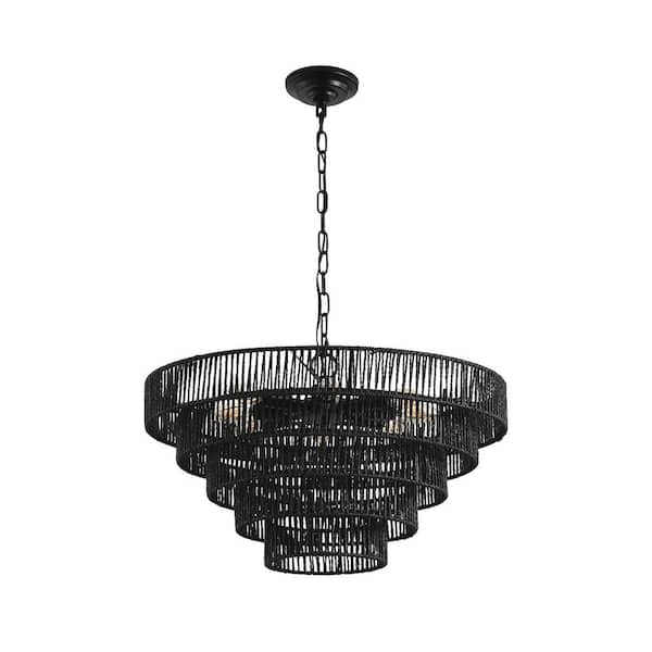Jushua Modern 8-Light Black Woven Hemp Rope Chandelier, Boho Style Pendant Light, Elegant Hanging Light Fixture (No Bulbs)