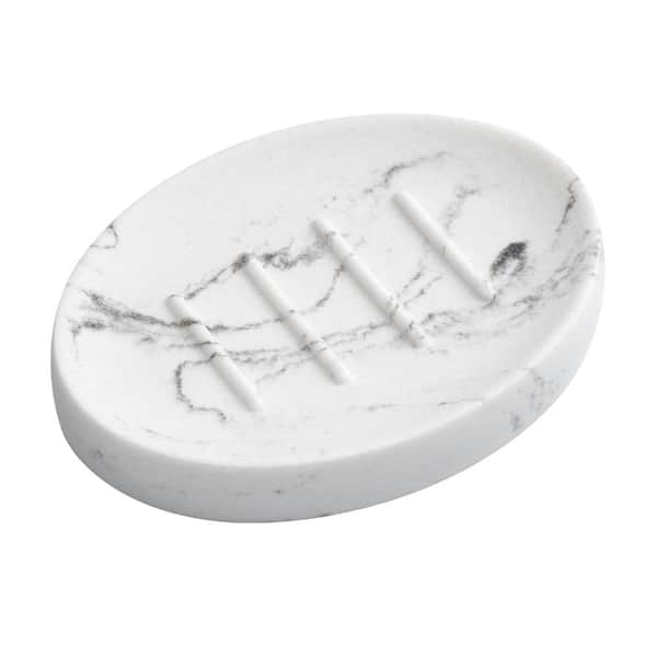 Resin Marble Look Soap Dish for Bathroom and Kitchen Sink, Non-Slip Drain Tray 5.4 in W x 4.0 in D, White