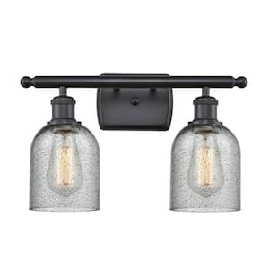 Caledonia 16 in. 2-Light Matte Black Vanity Light with Charcoal Glass Shade