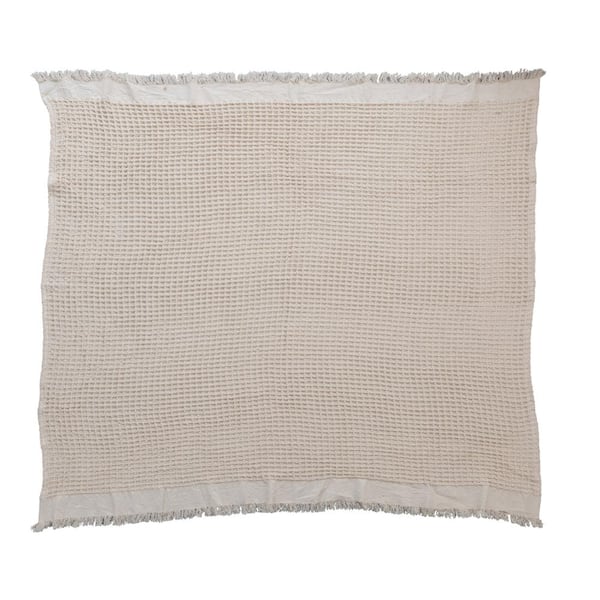 Storied Home Natural Soft Cotton Waffle Weave Throw Blanket with Fringe