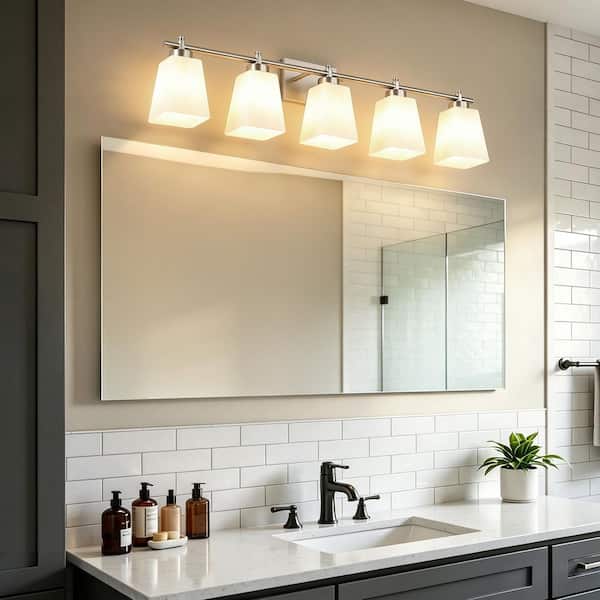 36 in. 5-Light Nickel Bathroom Vanity Light Contemporary Wall Sconce with Milky White Glass Shades