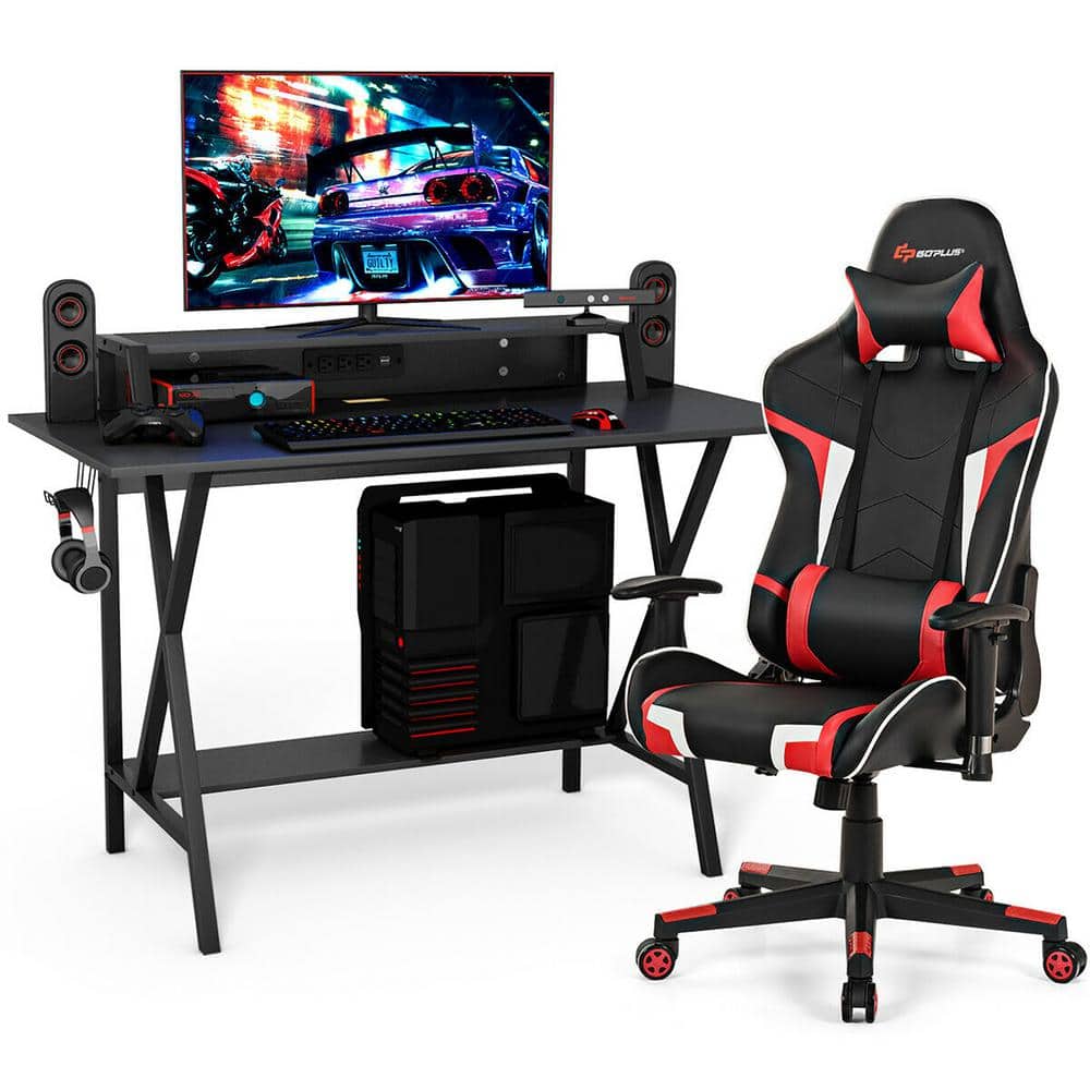 vride Brug af en computer Seks Costway 48 in. Gaming Computer Desk and Massage Gaming Chair Set with  Monitor Shelf Power Strip Red GHM0071RE - The Home Depot