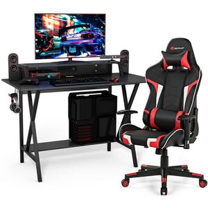 48 in. Gaming Computer Desk and Massage Gaming Chair Set with Monitor Shelf Power Strip Red