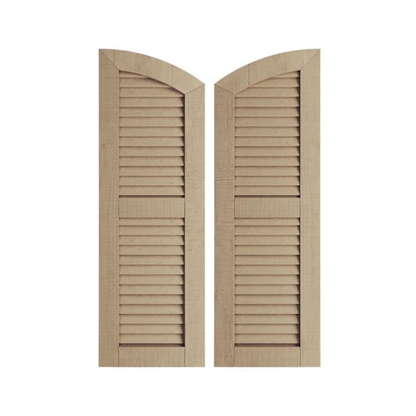 Ekena Millwork 15" x 38" Timberthane Polyurethane Rough Cedar 2-Equal Louvered with Elliptical Top Faux Wood Shutters Pair in Primed