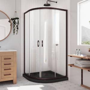 Prime 33 in. W x 74-3/4 in. H Neo Angle Sliding Semi-Frameless Corner Shower Enclosure in Oil Bronze with Clear Glass