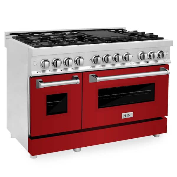 ZLINE Kitchen and Bath 48 in. 7 Burner Double Oven Dual Fuel Range with Red Gloss Door in Stainless Steel