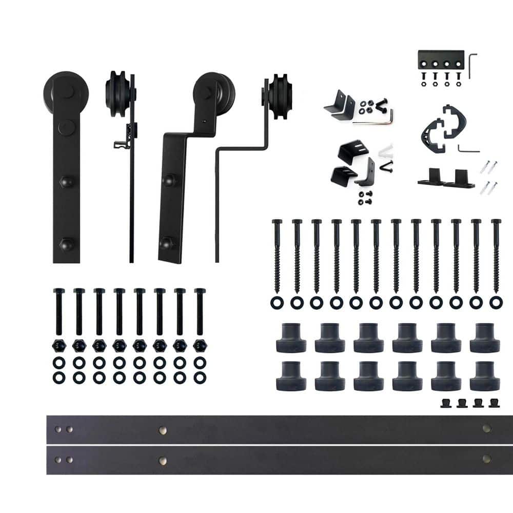 15 ft./180 in. Black Rustic Single Track Bypass Sliding Barn Door Hardware Kit Straight Design Roller for Double Doors price history on PriceWatchPro