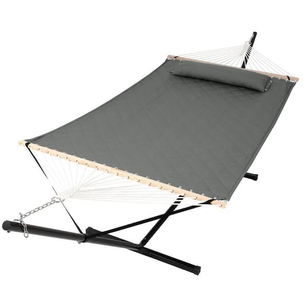 12 ft. Free Standing, 475 lbs. Capacity, Heavy-Duty 2-Person Hammock with Stand and Detachable Pillow in Gray Diamond