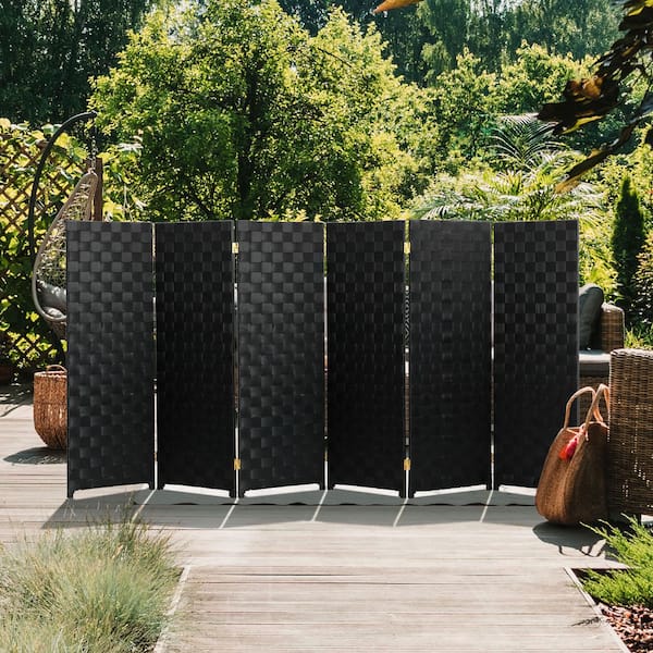 Oriental Furniture 4 ft. Short Woven Fiber Outdoor All Weather Folding Screen - 6 Panel - Black