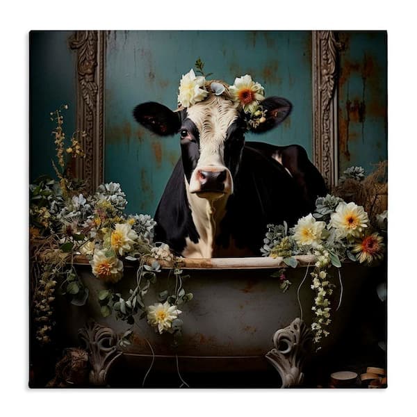 Vintage Cow in Bathtub by Lazar Studio Unframed Graphic Art Print Typography 24 in. x 24 in.