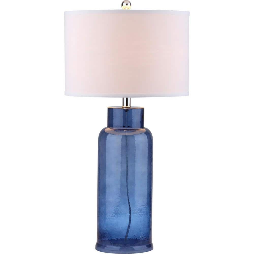Blue Glass Bottle Table Lamp with Off-White Shade