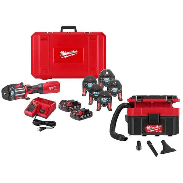 Milwaukee M18 18V Brushless Cordless FORCE LOGIC Press Tool w/Copper ACR Jaws Kit and M18 FUEL PACKOUT Cordless 2.5 Gal. Vacuum