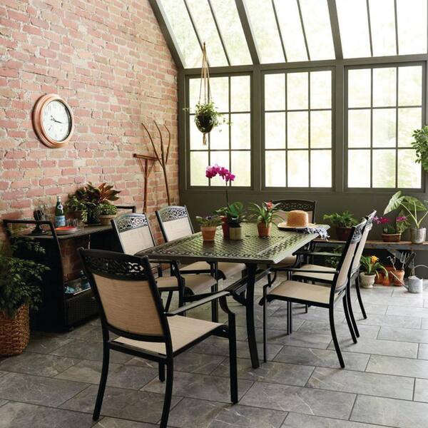Hanover Lisbon 7-Piece Aluminum Outdoor Dining Set with 6 Sling Stationary Chairs and 39 in. x 68 in. Cast-Top Dining Table