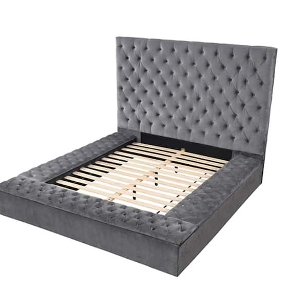 LUCKY ONE Homey 82.26 in. W Gray Queen Size Platform Bed with Velvet Upholstery Solid Manufactured Wood
