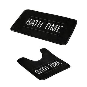 'Bath Time' Design Black Microfiber Rectangle 2 Piece Bath Rug and Contour Rug Set