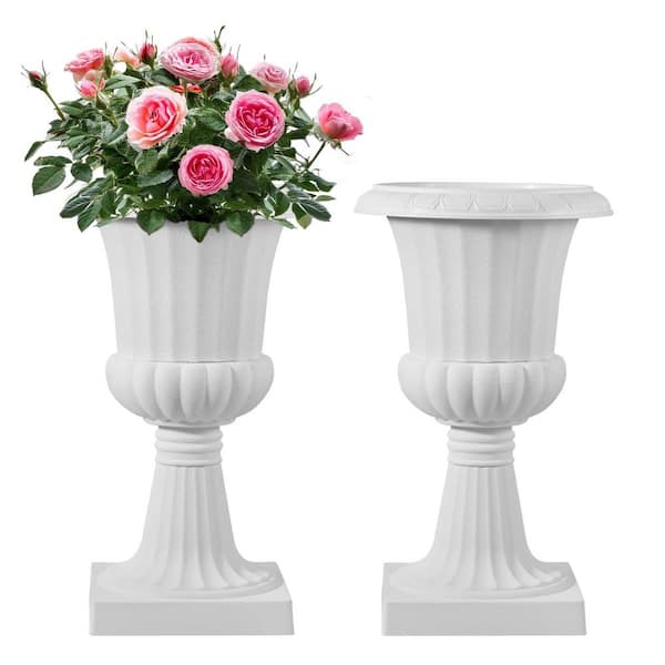 9.84 in. x 9.84 in. x 16.54 In., White, Flower Pots Porch Planters, Vase for Garden, Plastic, 15 Quarts, Urns, 2 Pack