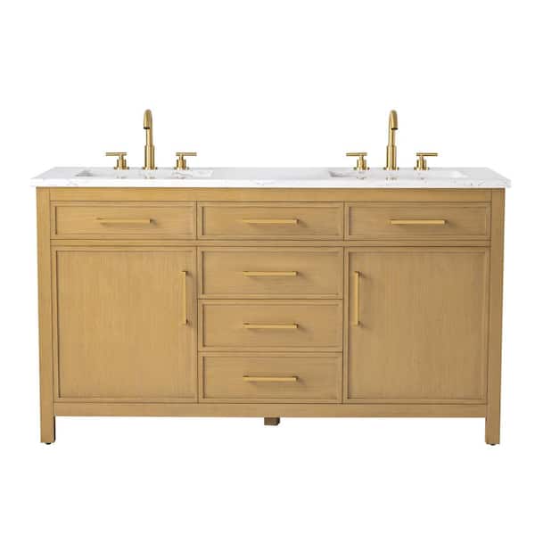 Logan 60 in. W Bath Vanity in Sand with Engineered Stone Top in Carrara White with White Sinks