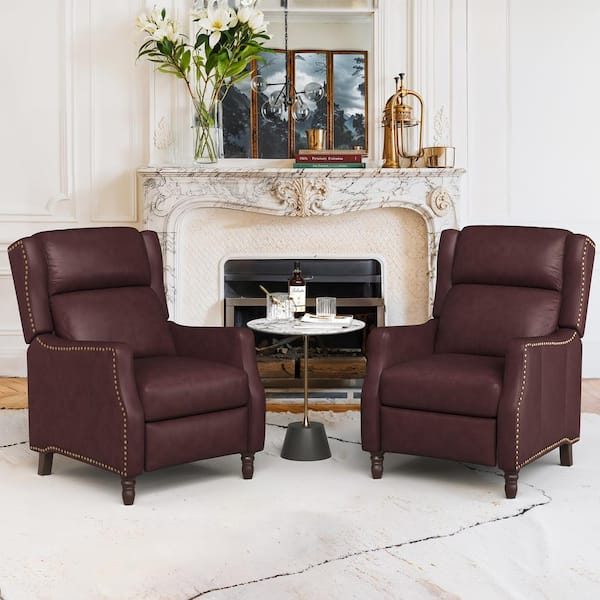 Lange 28 in. W Burgundy Genuine Leather Nailhead Trim Recliner Chair Arm Chair with Wooden Legs (Set of 2)