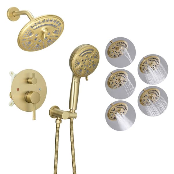 BWE 1-Spray Single Handle Round Rain Shower Faucet Set Wall Mount with High-Pressure Shower Head Hand Shower in Brushed Gold