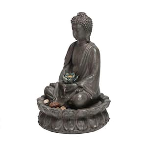 19-in Tall Indoor Tiered Meditating Buddha Tabletop Water Fountain with LED Lights and Lotus Flower
