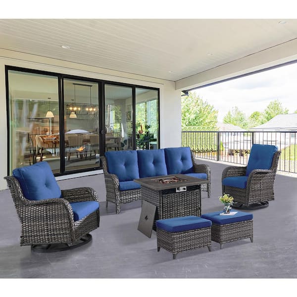 ArcoBay 6-Piece Gray Wicker Patio Square Fire Pit Conversation Set with Navy Blue Cushions and Swivel Rocking Chairs