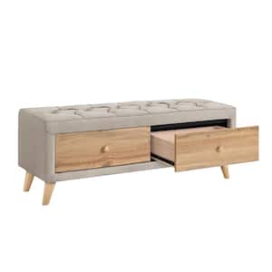 Upholstered Beige 48.2 in. Wooden Storage Bedroom Bench with 2 Drawers and Rubber Wood Leg