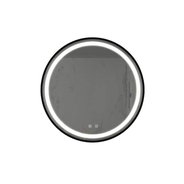 24 in. W Round Aluminum Frame Freestanding Bathroom Vanity Mirror with High Lumen, Dimmable, Anti-Fog, Wall Mount Black