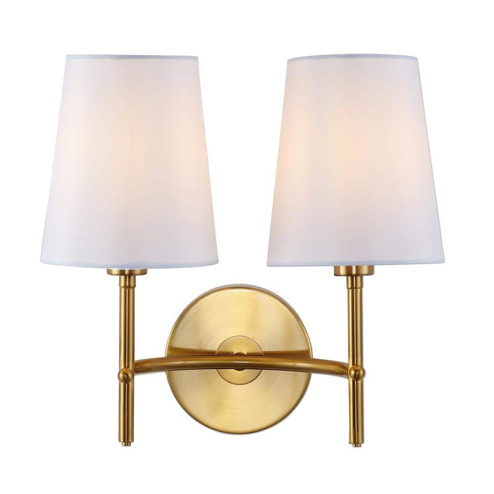 Mid-Century Modern Brass Gold Twin Light Wall Sconce with White Shades