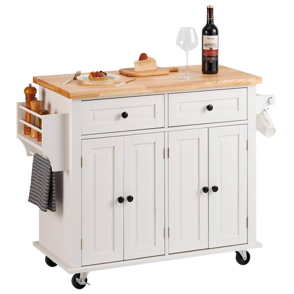 White Rubberwood Drop Leaf Kitchen Cart with Spice Rack