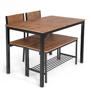 4-Pieces Brown Wood Top Dining Table Set Kitchen Table with Bench and Chairs