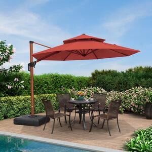 10 ft. Octagon High-Quality Wood Pattern Aluminum Cantilever Polyester Patio Umbrella with Stand, Brick Red