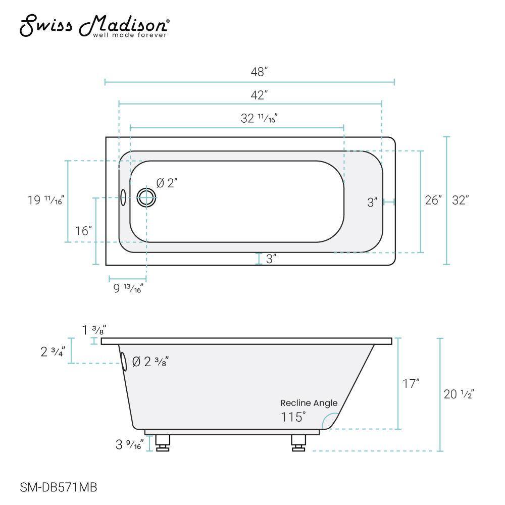 Matte Black Acrylic Drop-In Bathtub with Reversible Drain