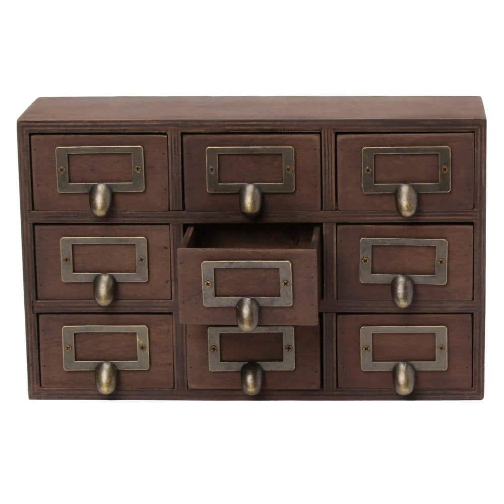 Rustic Brown Wood Desktop Organizer with 9 Apothecary Drawers
