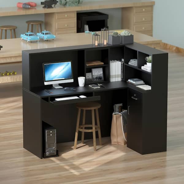 55.9 in. L Shaped Black Wood Executive Desk Reception Desk Computer Writing Desk W/Removable Shelves, Drawer, Cabinet